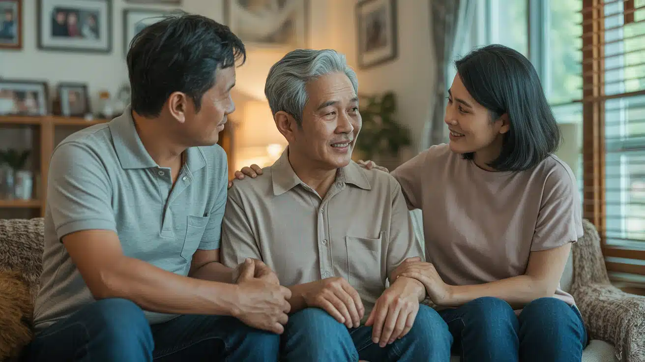 Family reviewing estate planning documents together, including living will and health care power of attorney forms