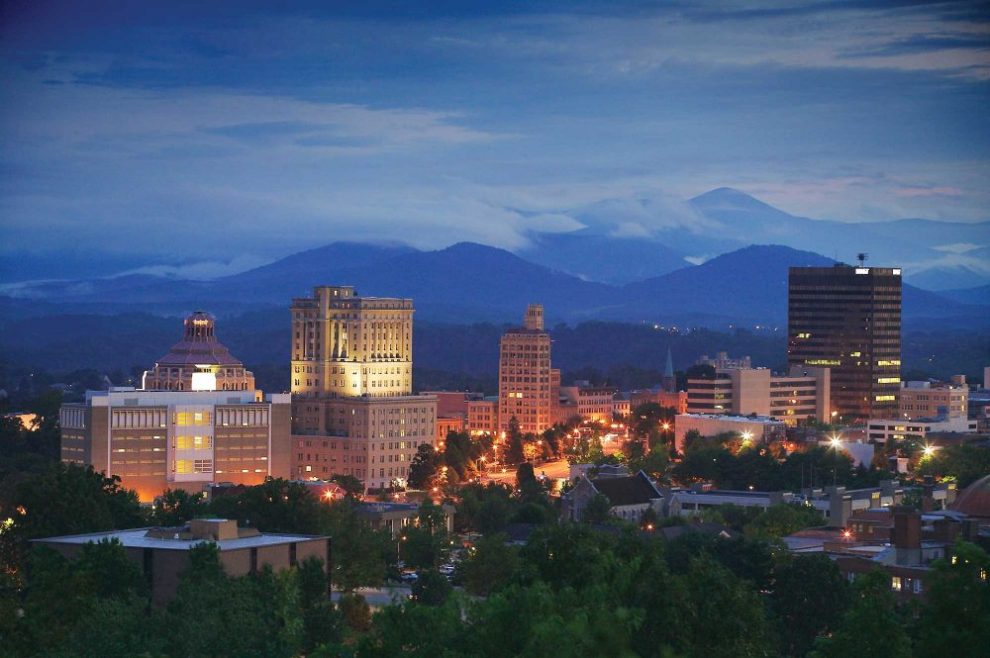 Asheville city skyline with modern buildings and downtown view at sunset