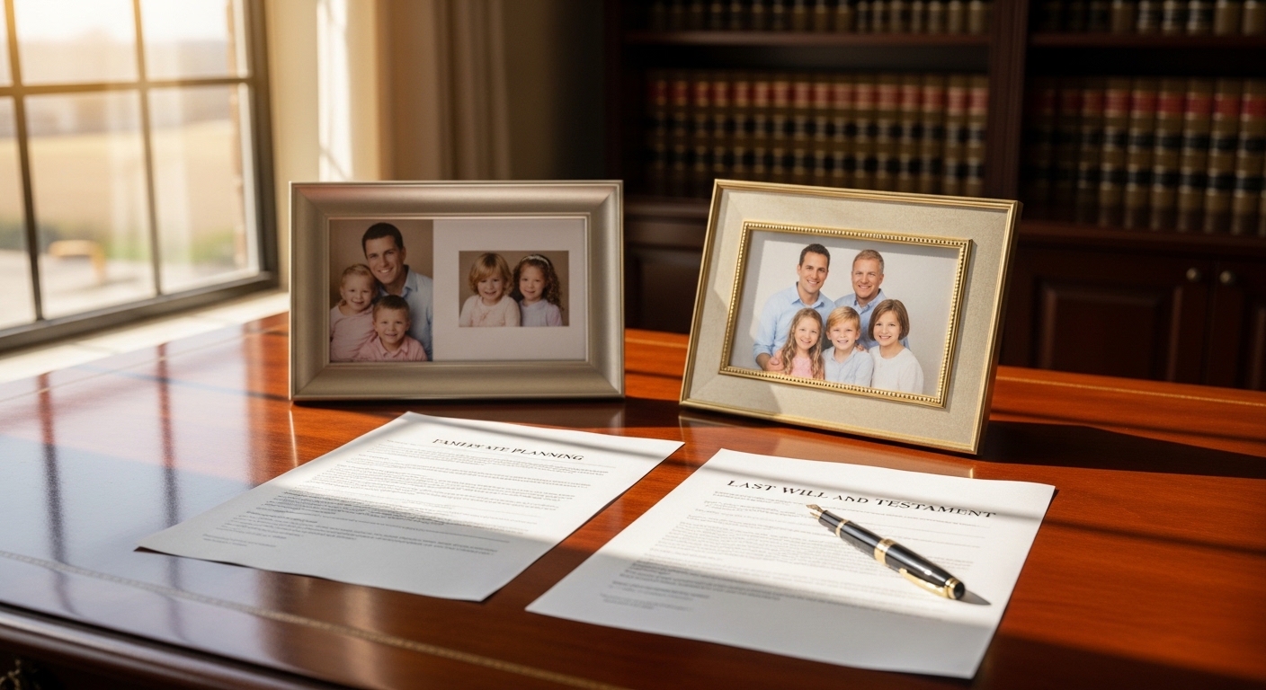 Blended family photos on law office desk alongside last will and testament documents in NC