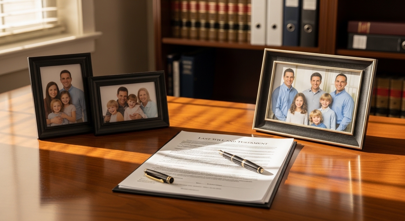 Estate planning documents for blended family with framed family photos on mahogany desk