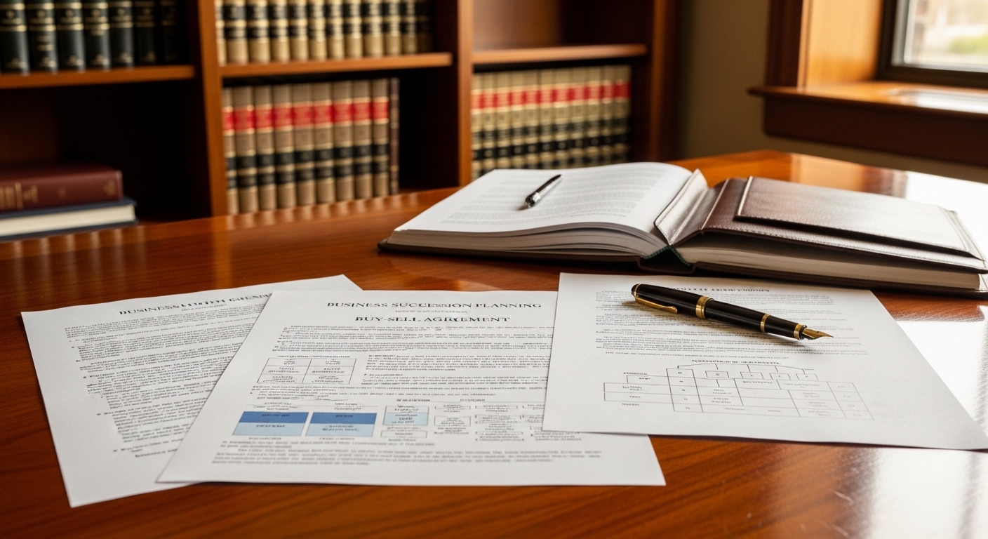 NC business succession planning documents with buy-sell agreement and leather portfolio on executive desk