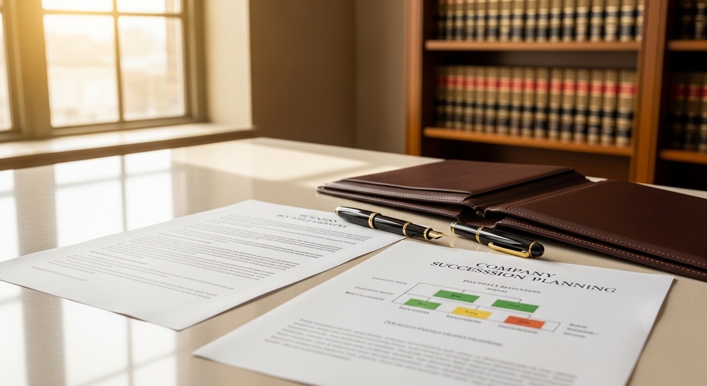 Business succession plan legal documents with organizational chart on polished law office desk in NC