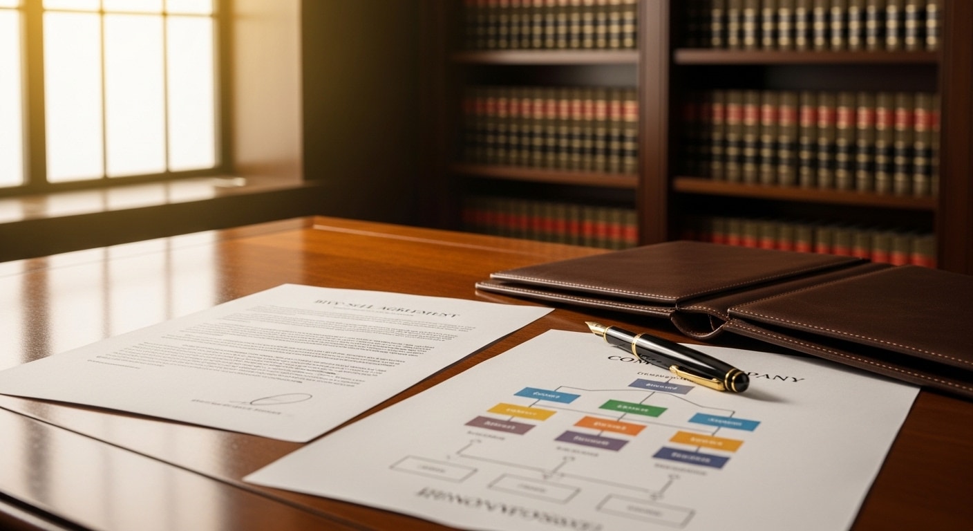 Small business owner succession planning documents with fountain pen and portfolio in NC law office