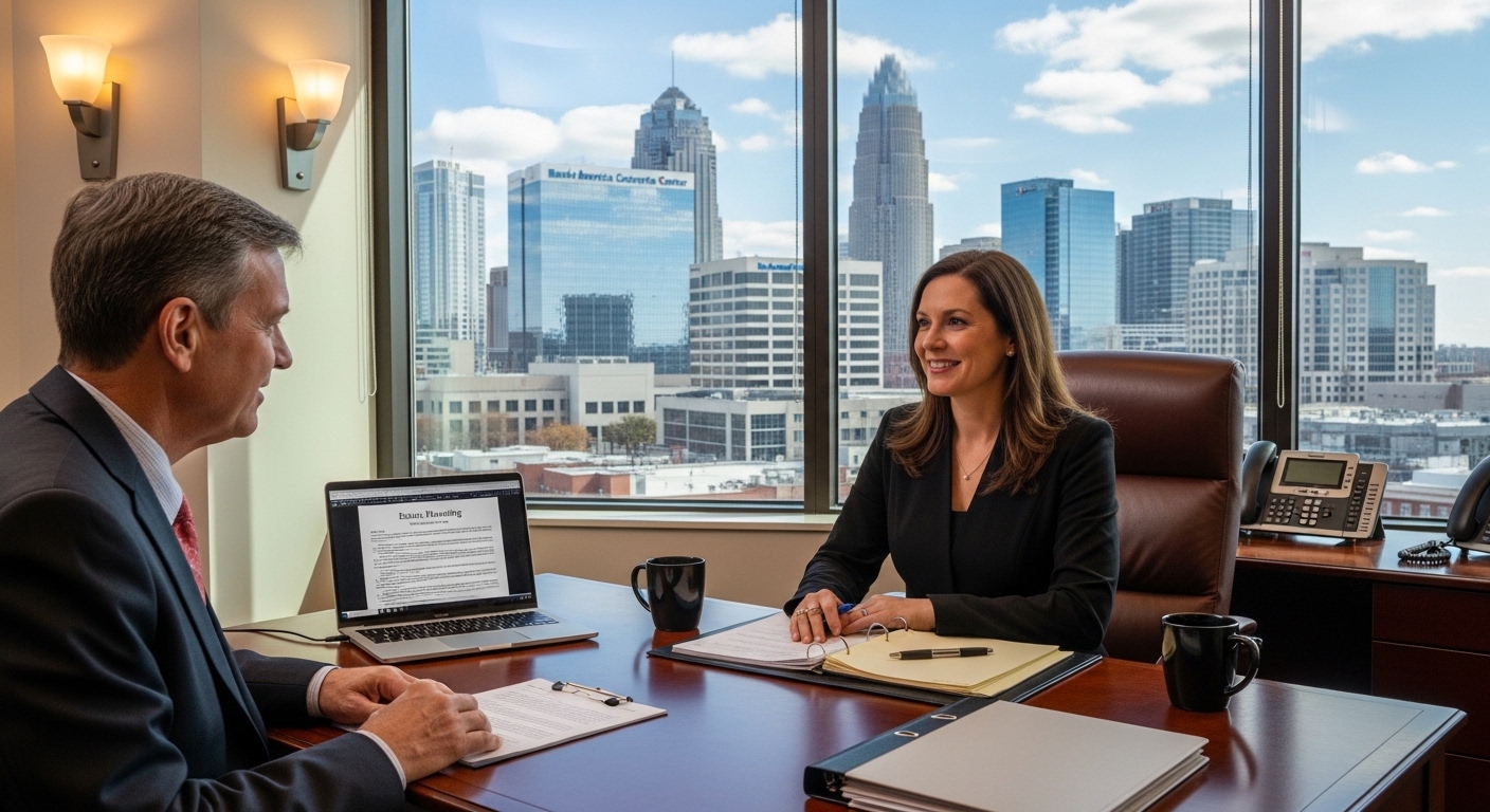 Female estate planning attorney smiling with client in Charlotte NC law office