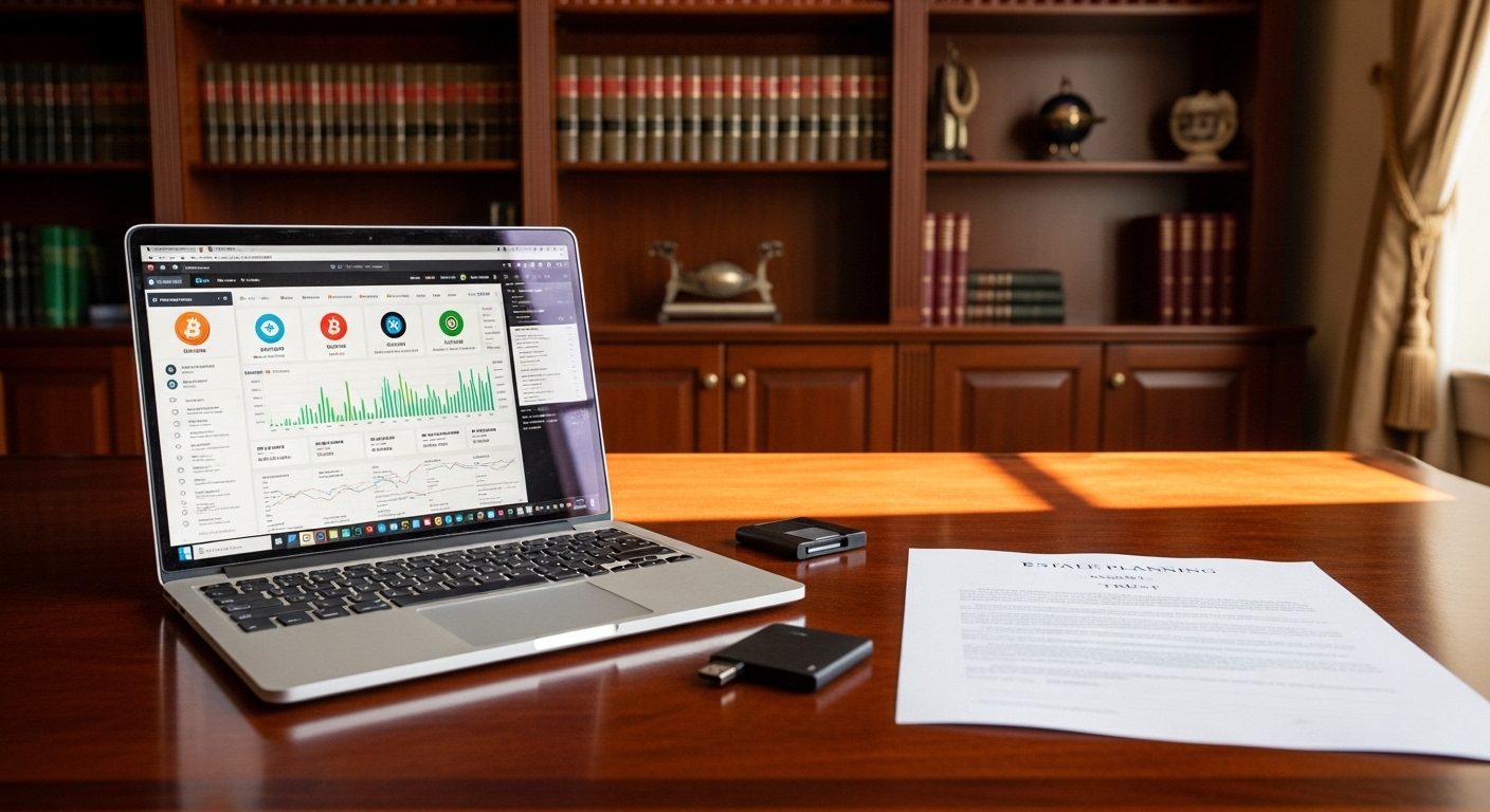 NC digital asset estate planning documents with laptop showing crypto wallet on law office desk