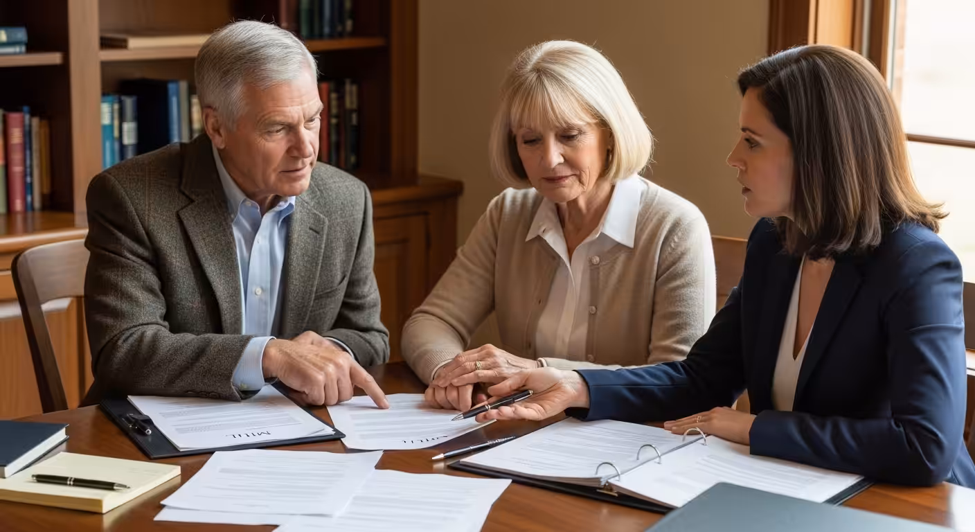 Retired couple and female attorney discussing will and trust at dining table