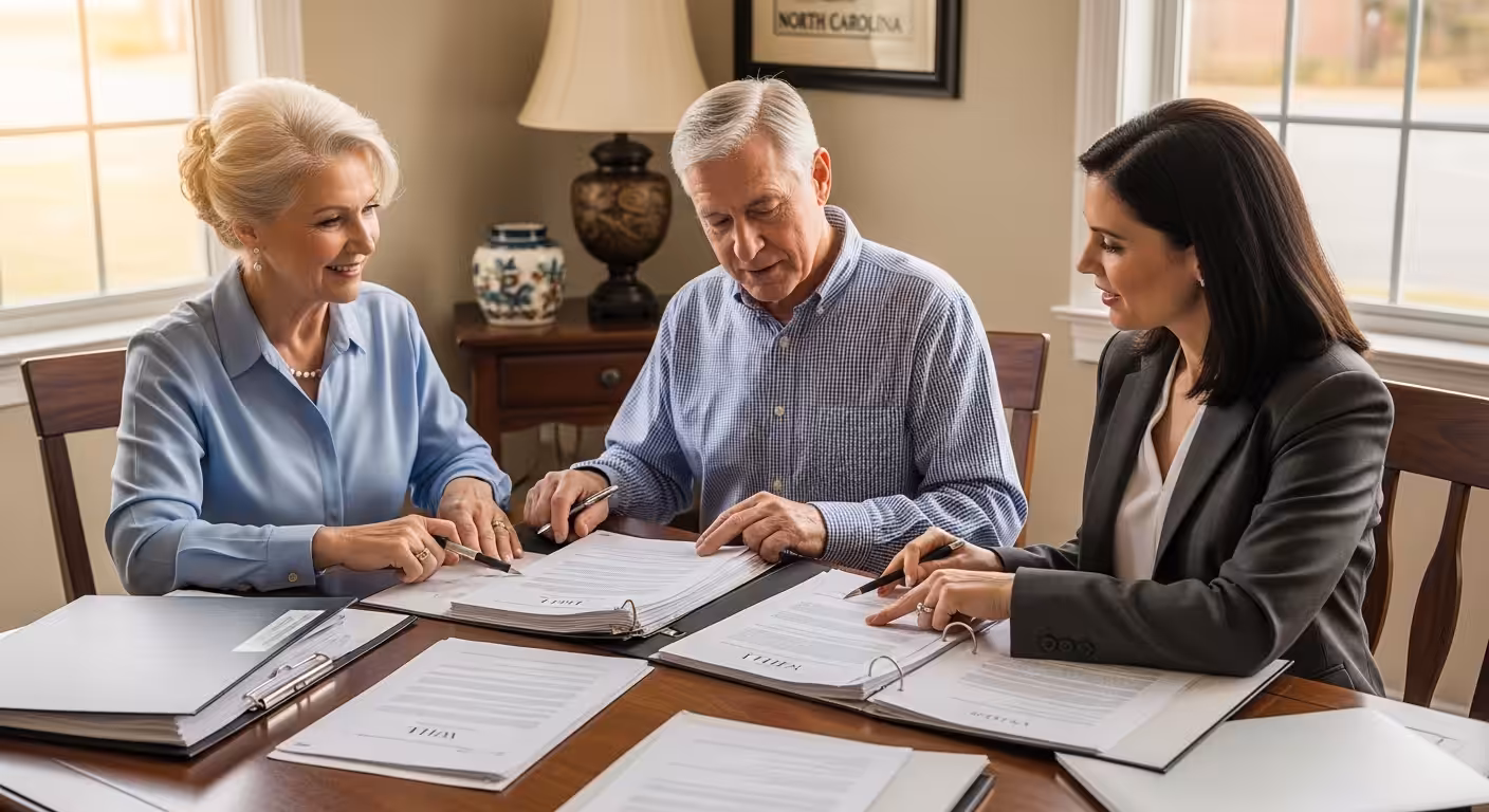 Senior woman and husband signing estate planning documents with attorney in NC home