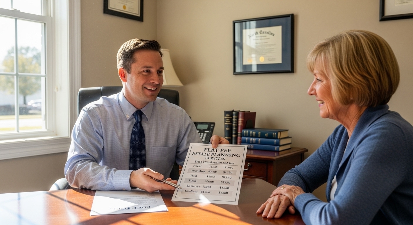 Attorney and client reviewing flat fee estate planning agreement in North Carolina office