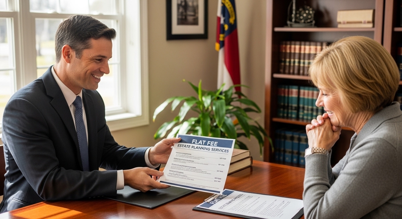 Smiling estate planning attorney with client, NC flag visible, flat fee pricing on desk