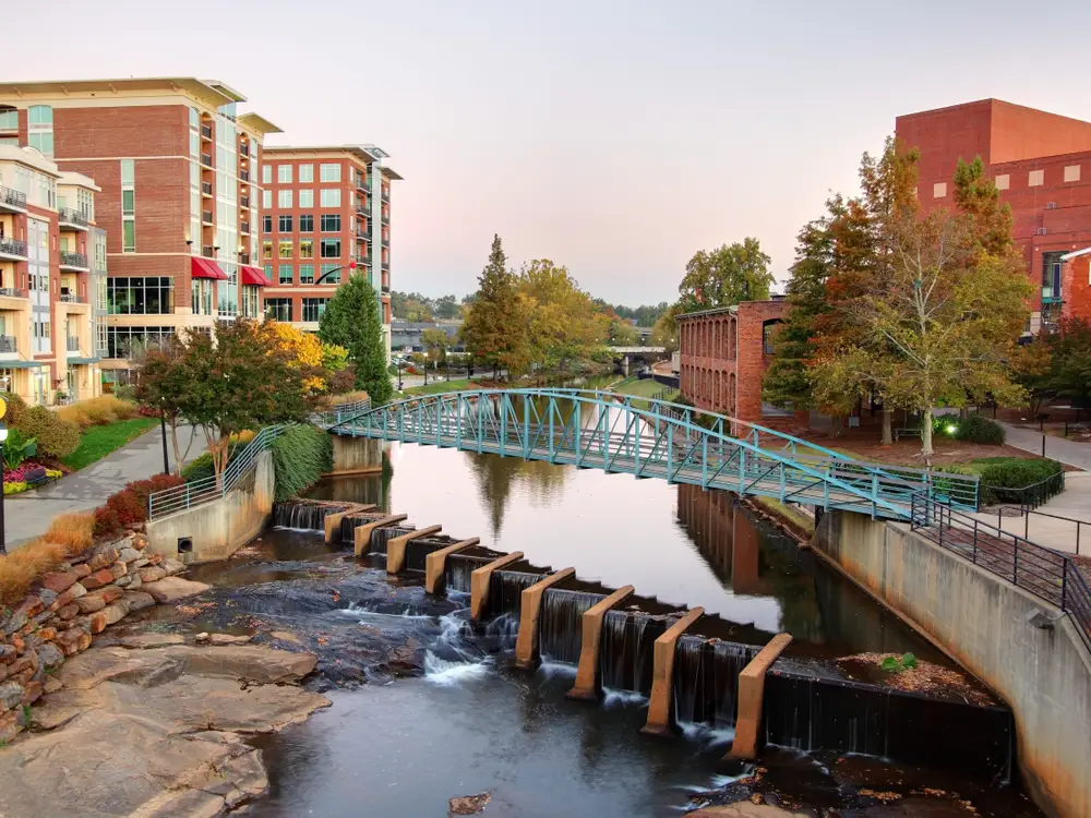 Greenville city skyline with modern buildings and downtown view at sunset