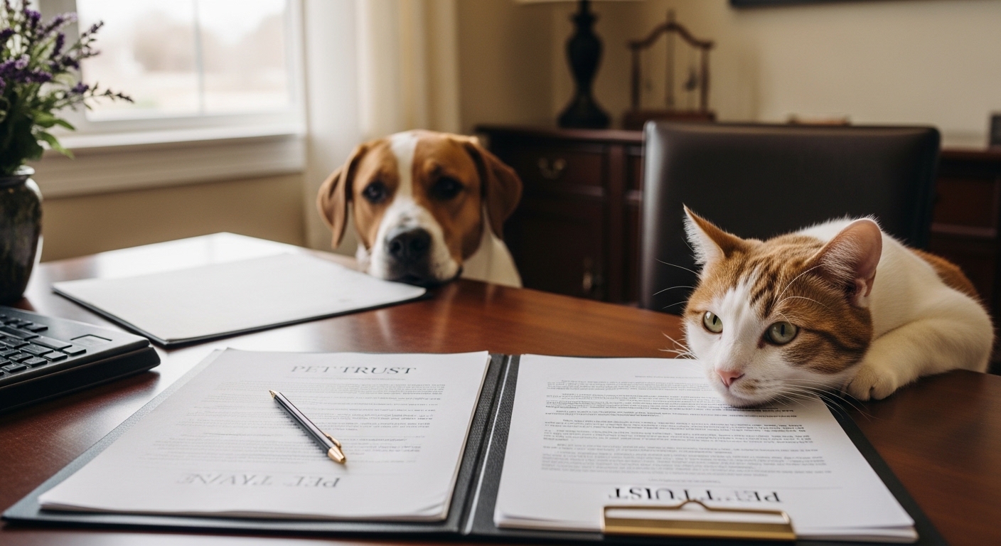 Beagle and cat beside pet trust legal paperwork in NC law office