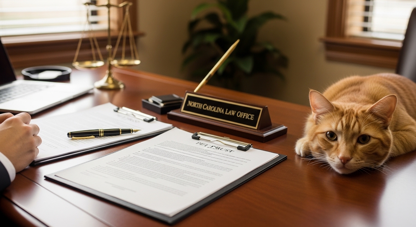 North Carolina law office desk with cat and pet trust documents
