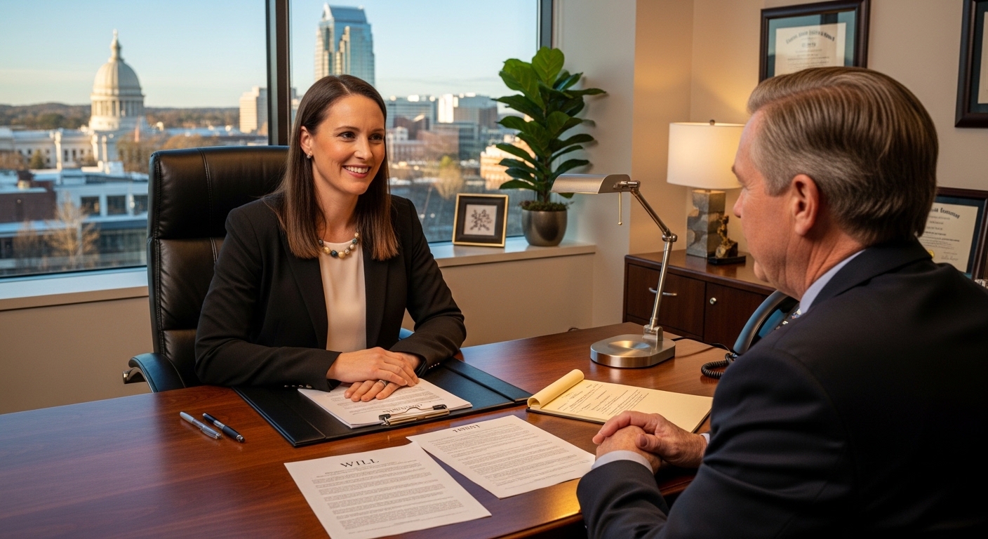 Female estate planning attorney meeting client in Raleigh North Carolina law office