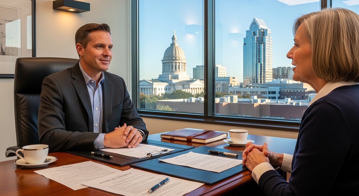 Attorney reviewing estate documents with client, Raleigh NC skyline visible through window