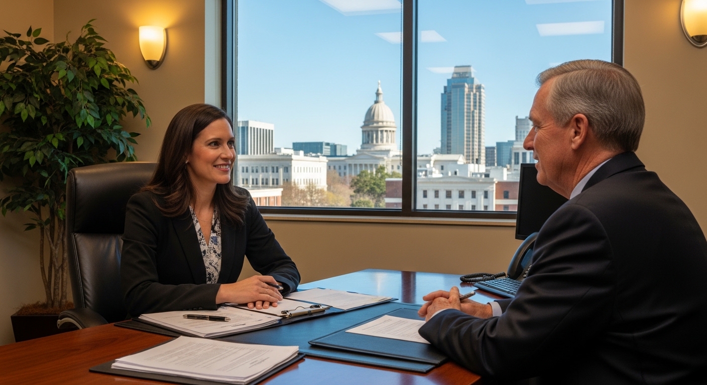 Estate planning consultation in Raleigh NC office with capitol building view