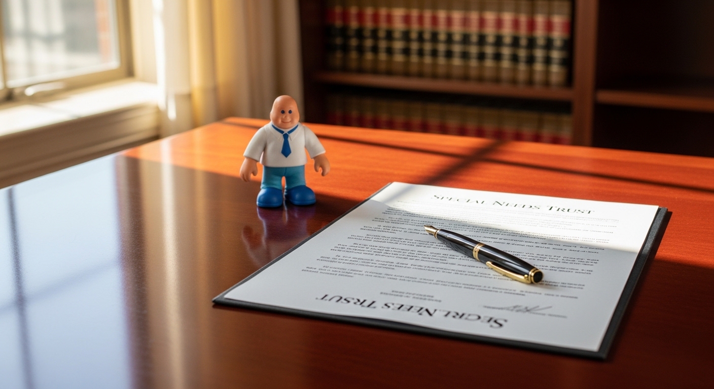Special needs trust planning documents with warm window light in law office