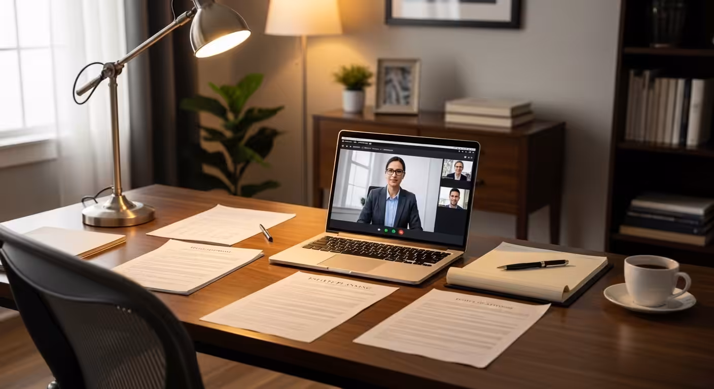 Home office desk with estate planning documents and attorney video call on laptop