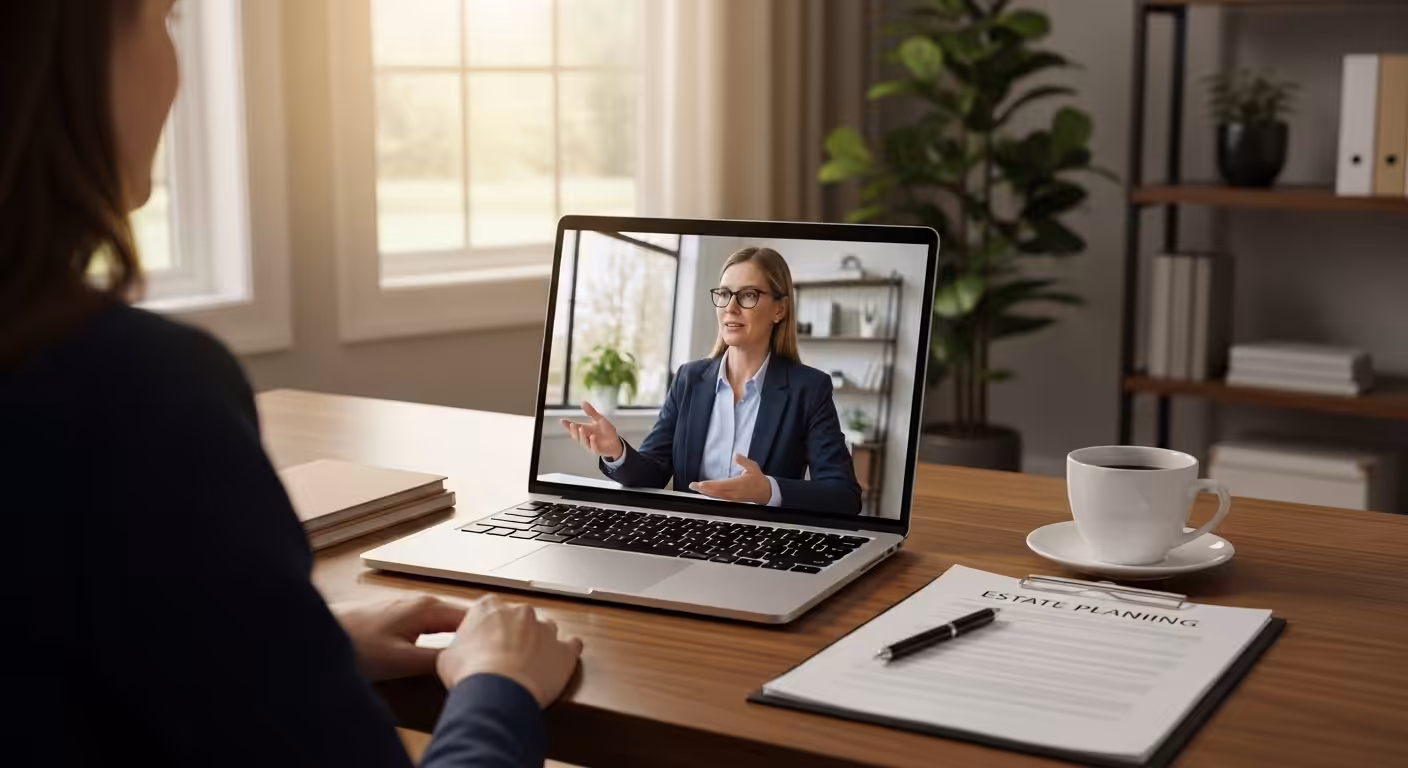 Woman meeting virtually with North Carolina estate planning attorney, coffee and documents