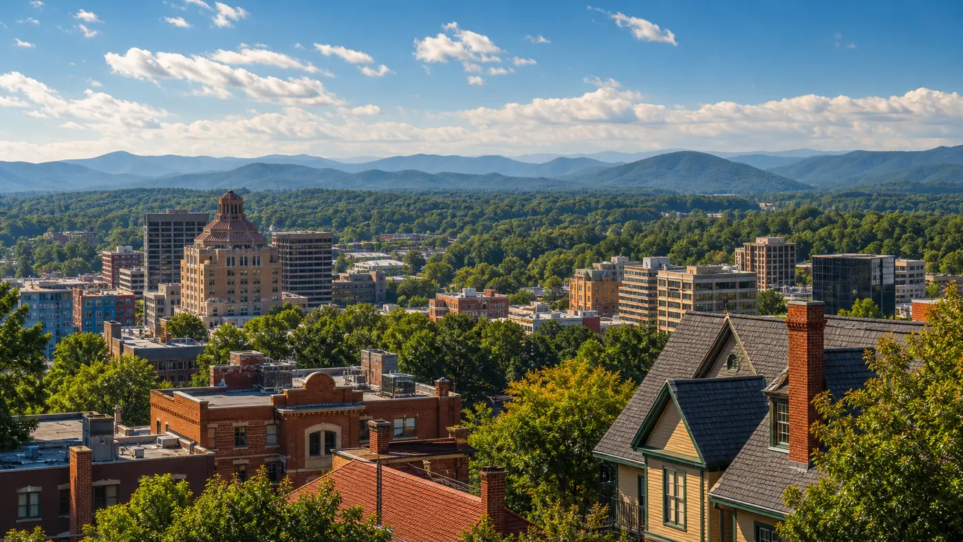 Asheville North Carolina downtown and Blue Ridge Mountains