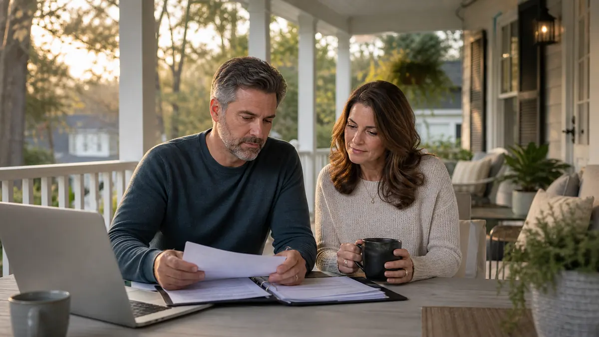 Couple reviewing estate planning documents on a Carolina porch