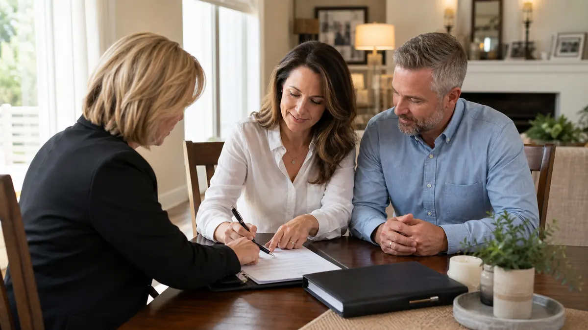 Mobile notary helping clients sign estate planning documents at home