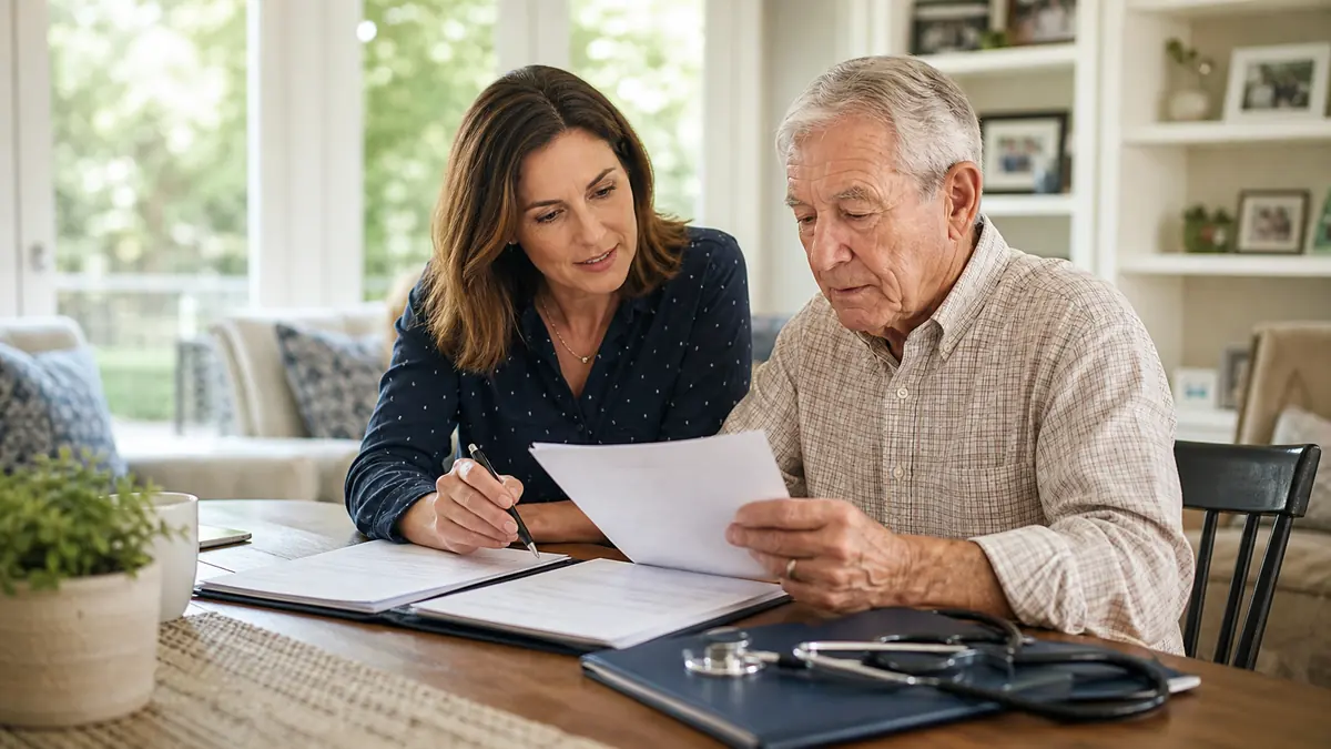 Family reviewing healthcare directive documents at home
