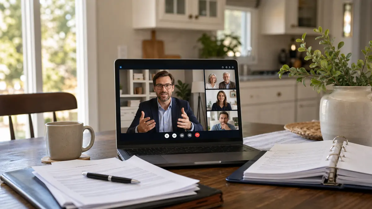 Virtual estate planning meeting with documents at home