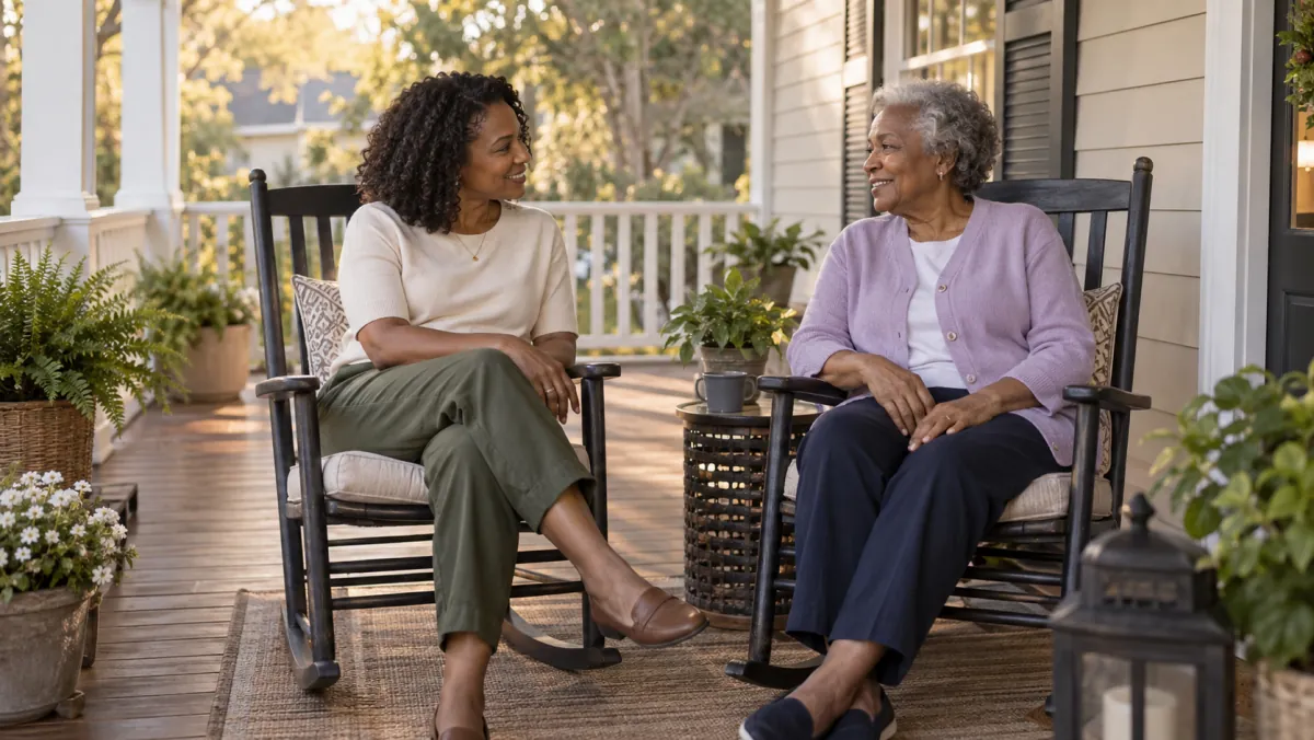 An adult daughter and older mother talking in porch chairs.