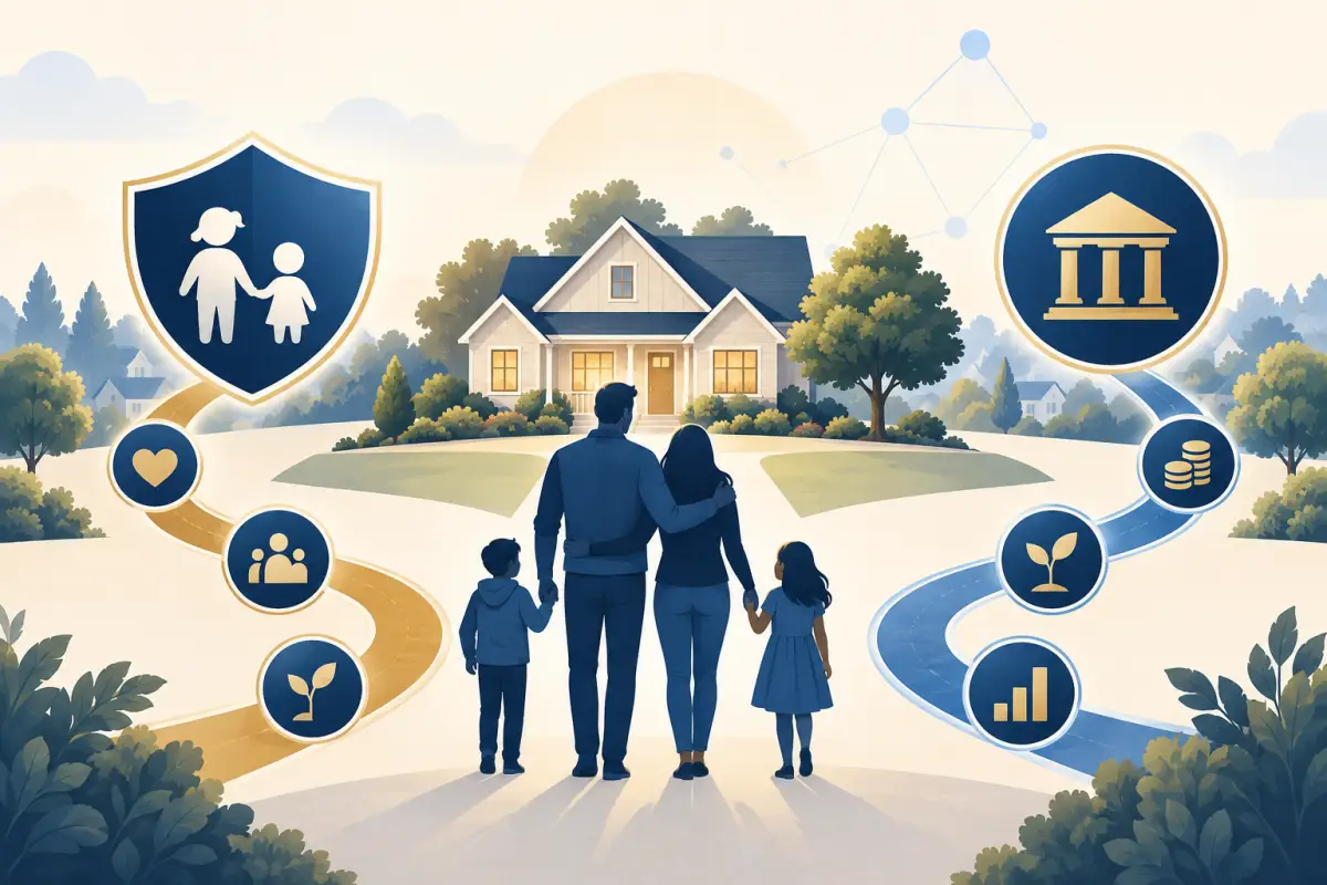 Illustration of a family home with separate caregiving and financial-management planning paths