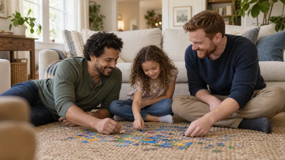 Two fathers and their daughter assembling a puzzle on a living-room rug.