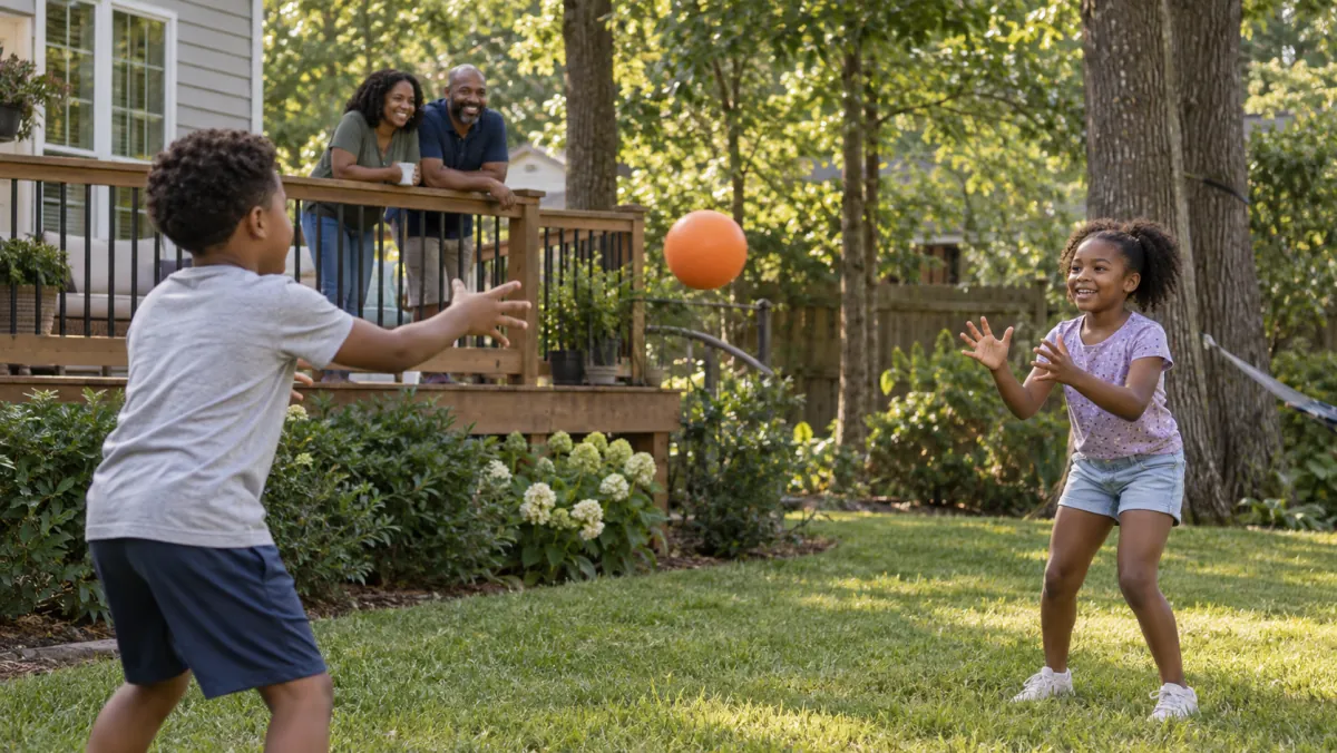 Parents watching their two children play catch in a leafy backyard.