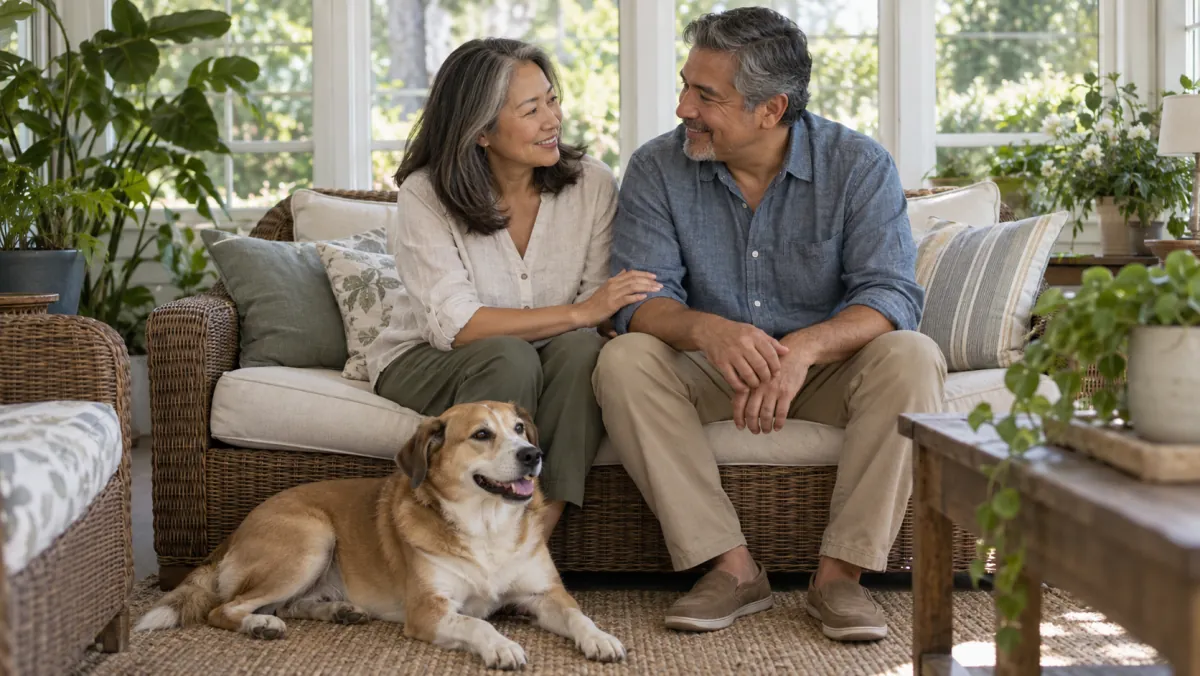 A couple seated together with their dog in a bright sunroom.