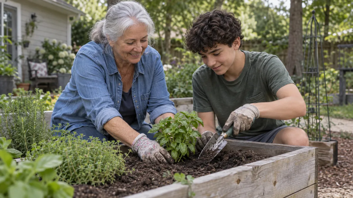 A grandmother and teenager planting an herb in a raised garden bed.