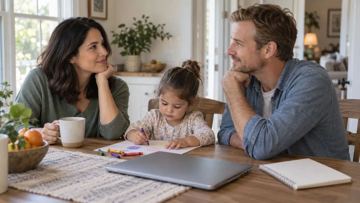 Parents talking at a breakfast table while their child draws nearby.