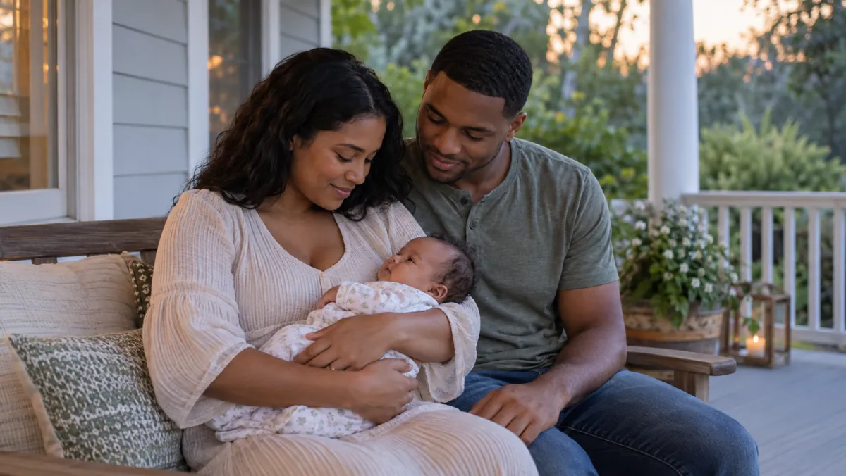 Parents sitting on a covered porch while holding their infant.