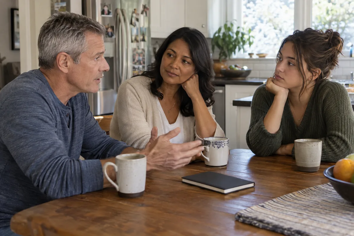 Couple and young adult share a thoughtful conversation at a kitchen table.