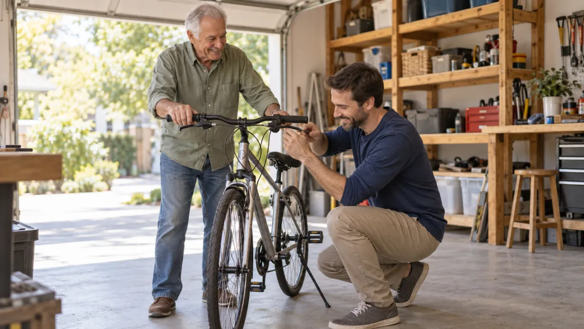 An older father and adult son working together on a bicycle.