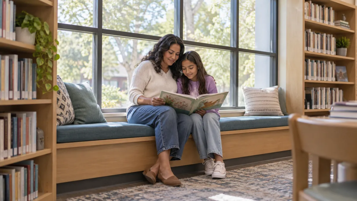A mother and daughter reading together on a library window seat.