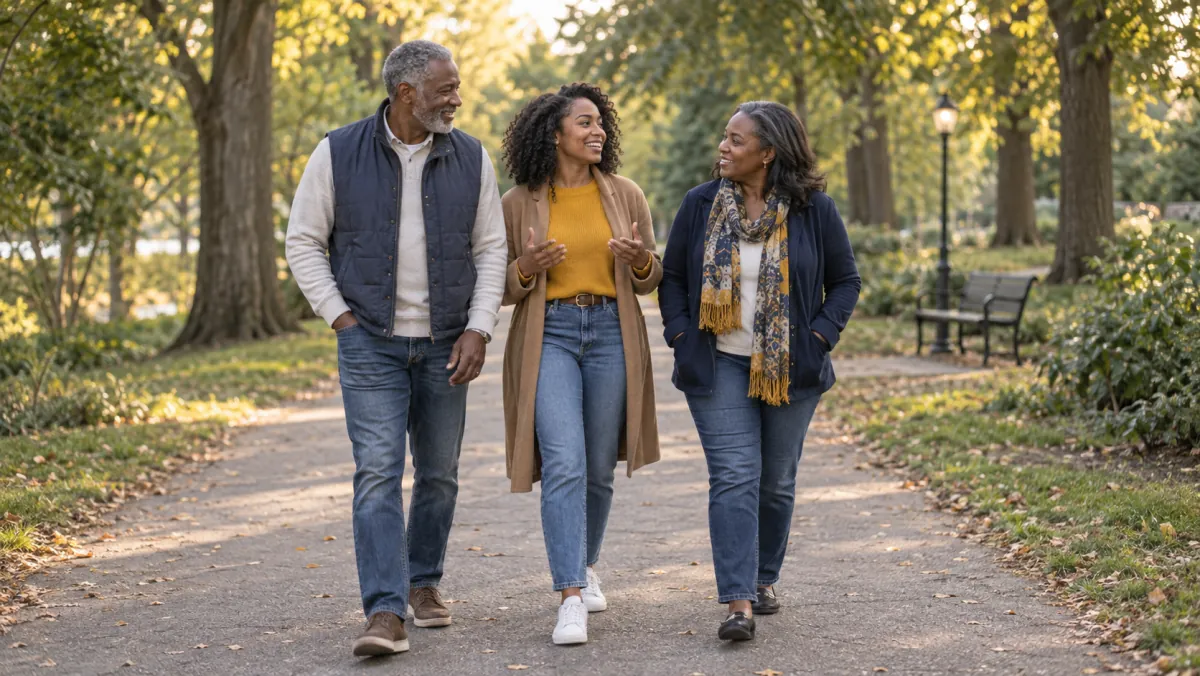 Parents walking and talking with their adult daughter in a park.