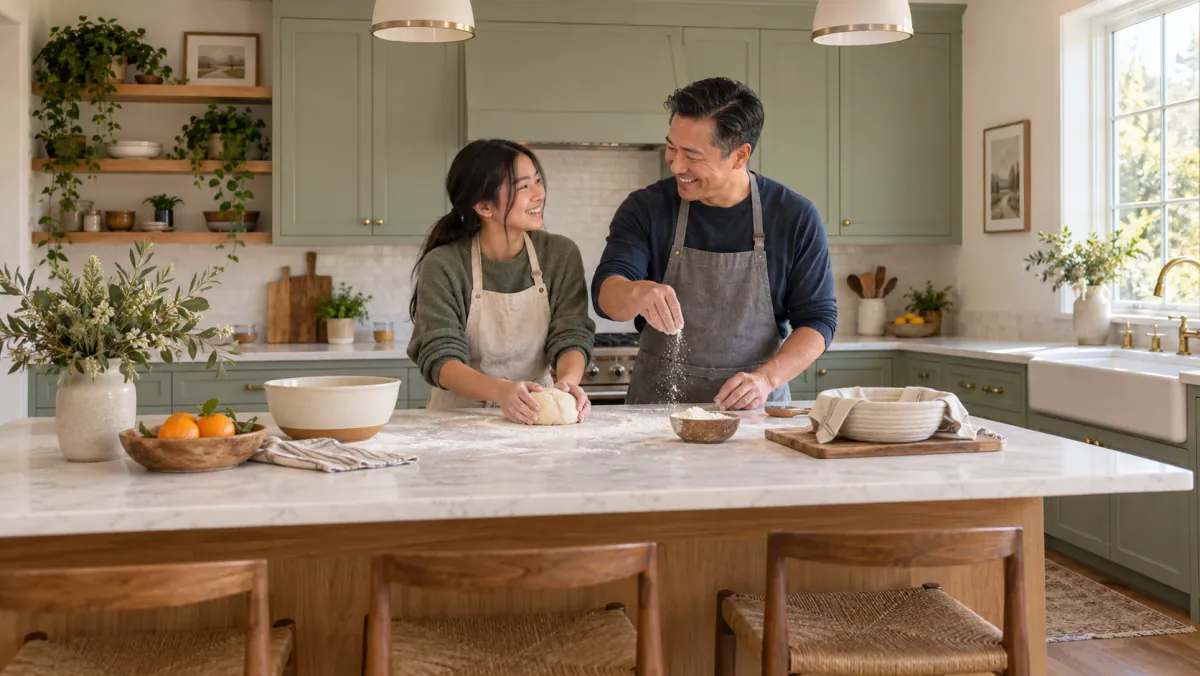 A father and teenage daughter making bread in a kitchen.