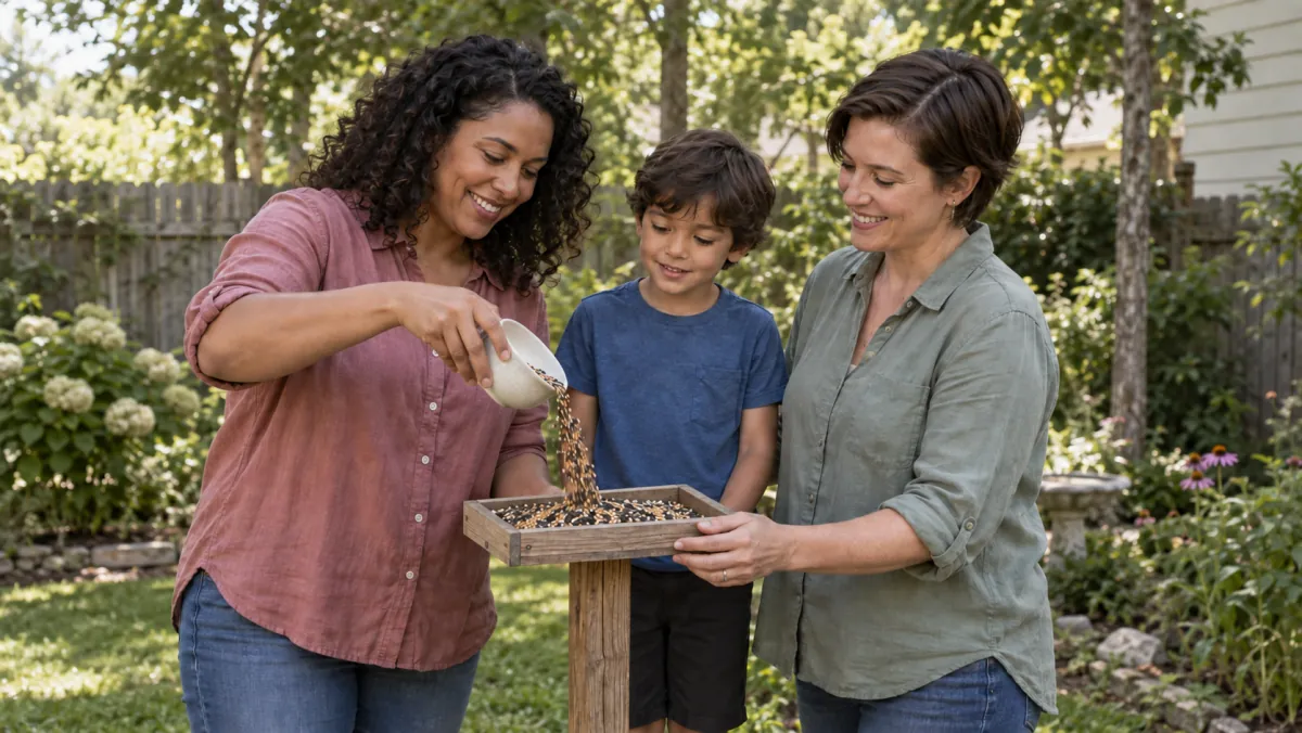 Two mothers and their son filling an outdoor birdfeeder.