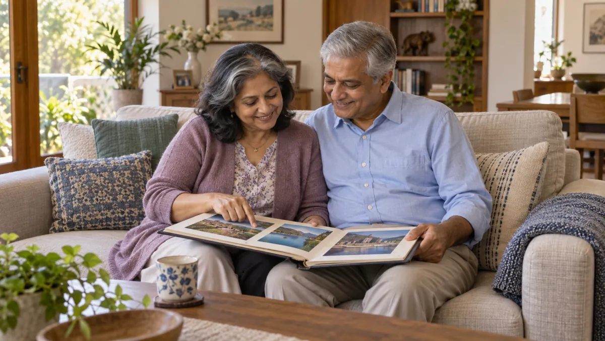 An older couple looking through a vacation photo album on a sofa.