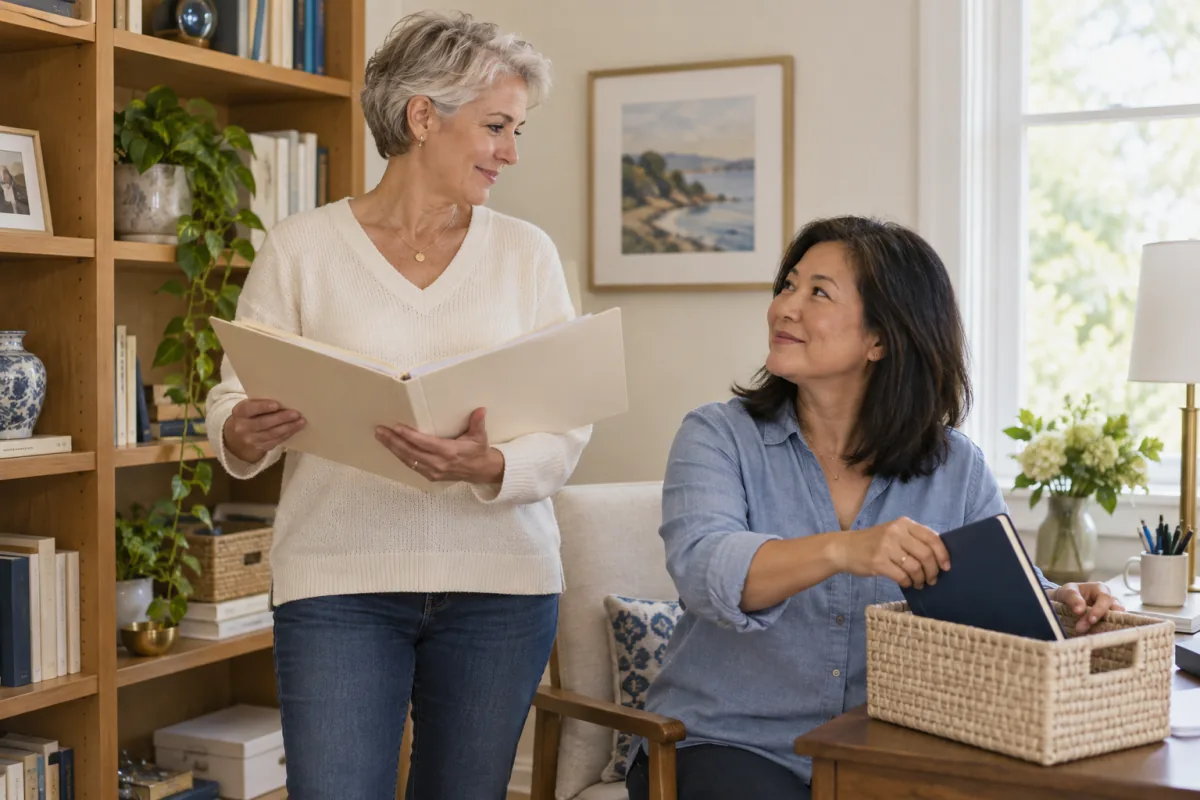 Two women organizing household-care instructions together beside a home bookcase.