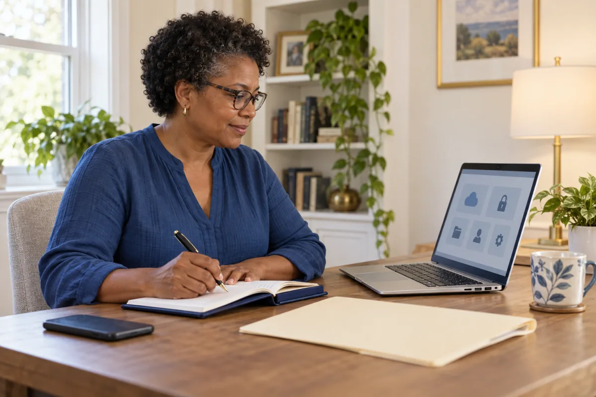 A midlife adult organizing a digital account inventory beside a laptop at home.