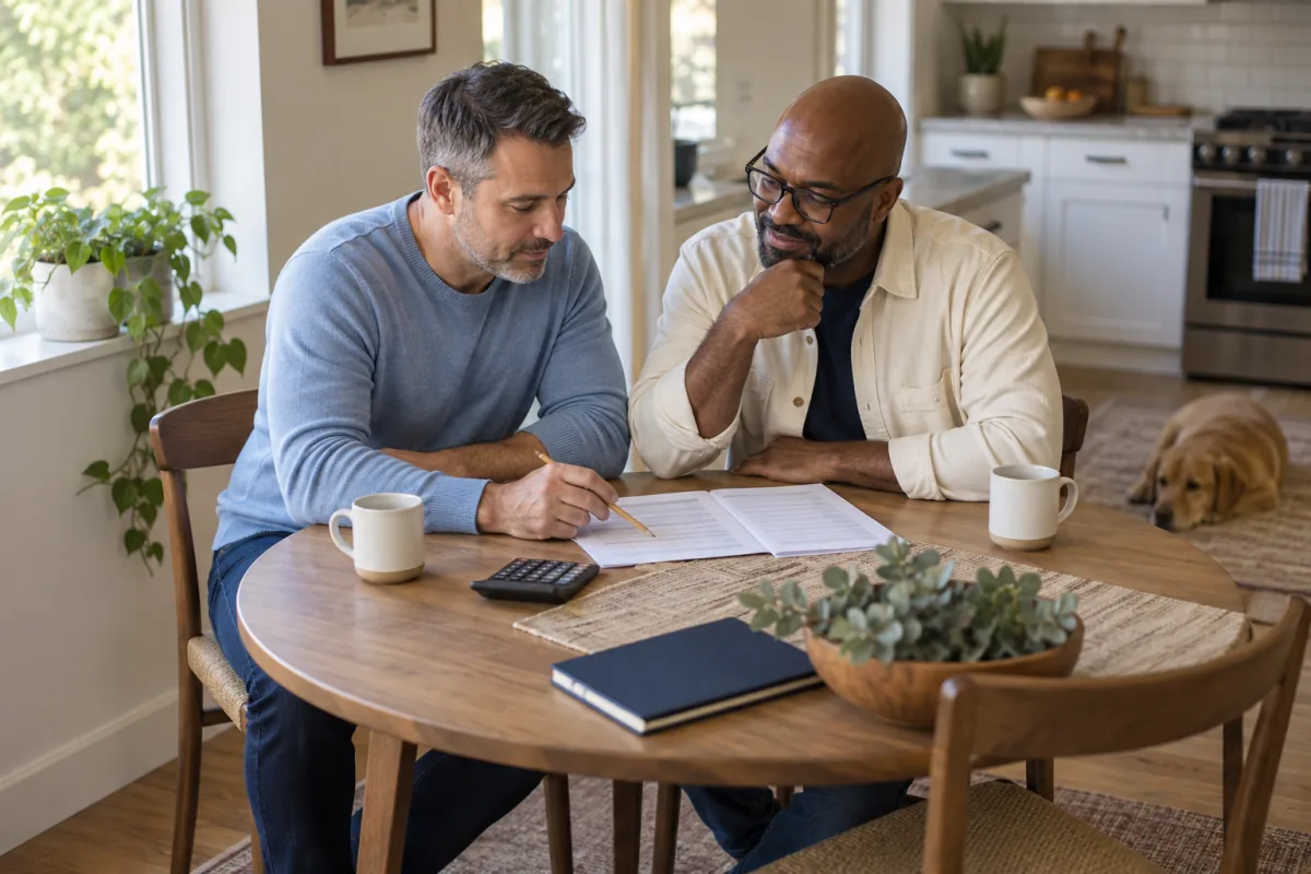 A midlife couple comparing estate-planning options with a worksheet and calculator at home.