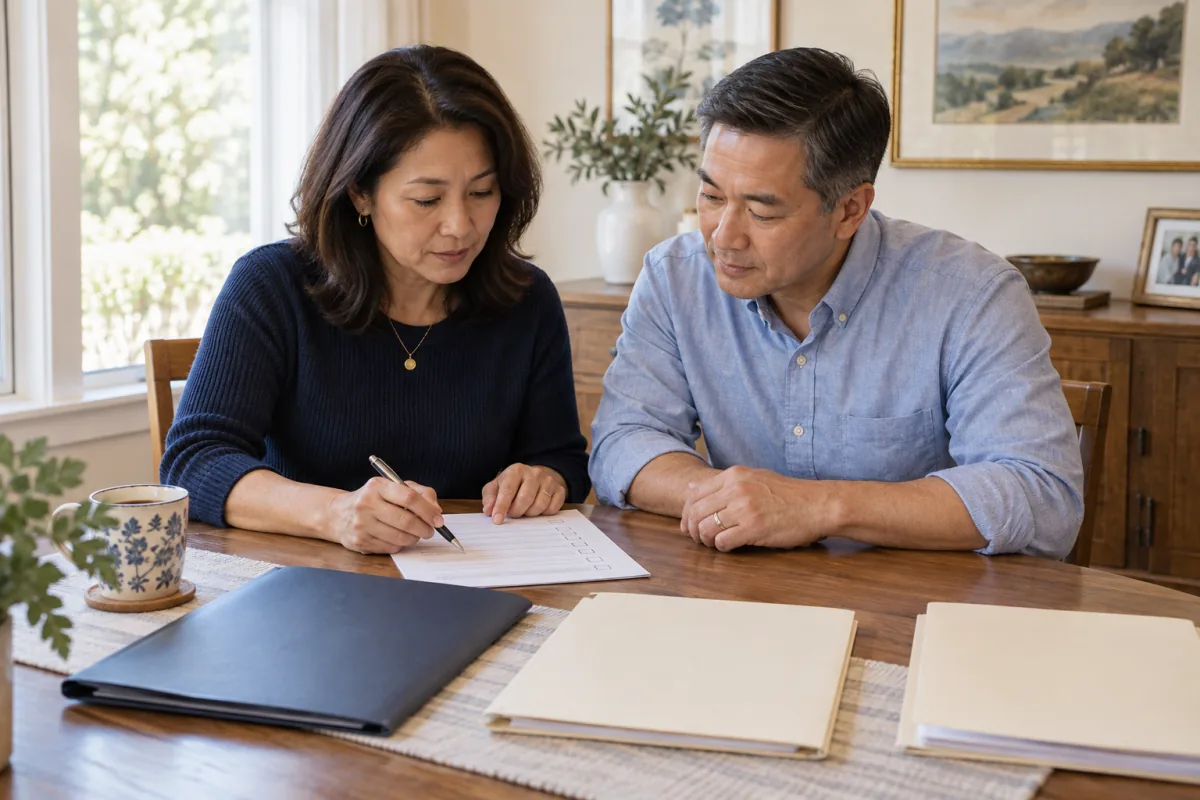 Adult siblings reviewing an organized estate-administration checklist and folders together.