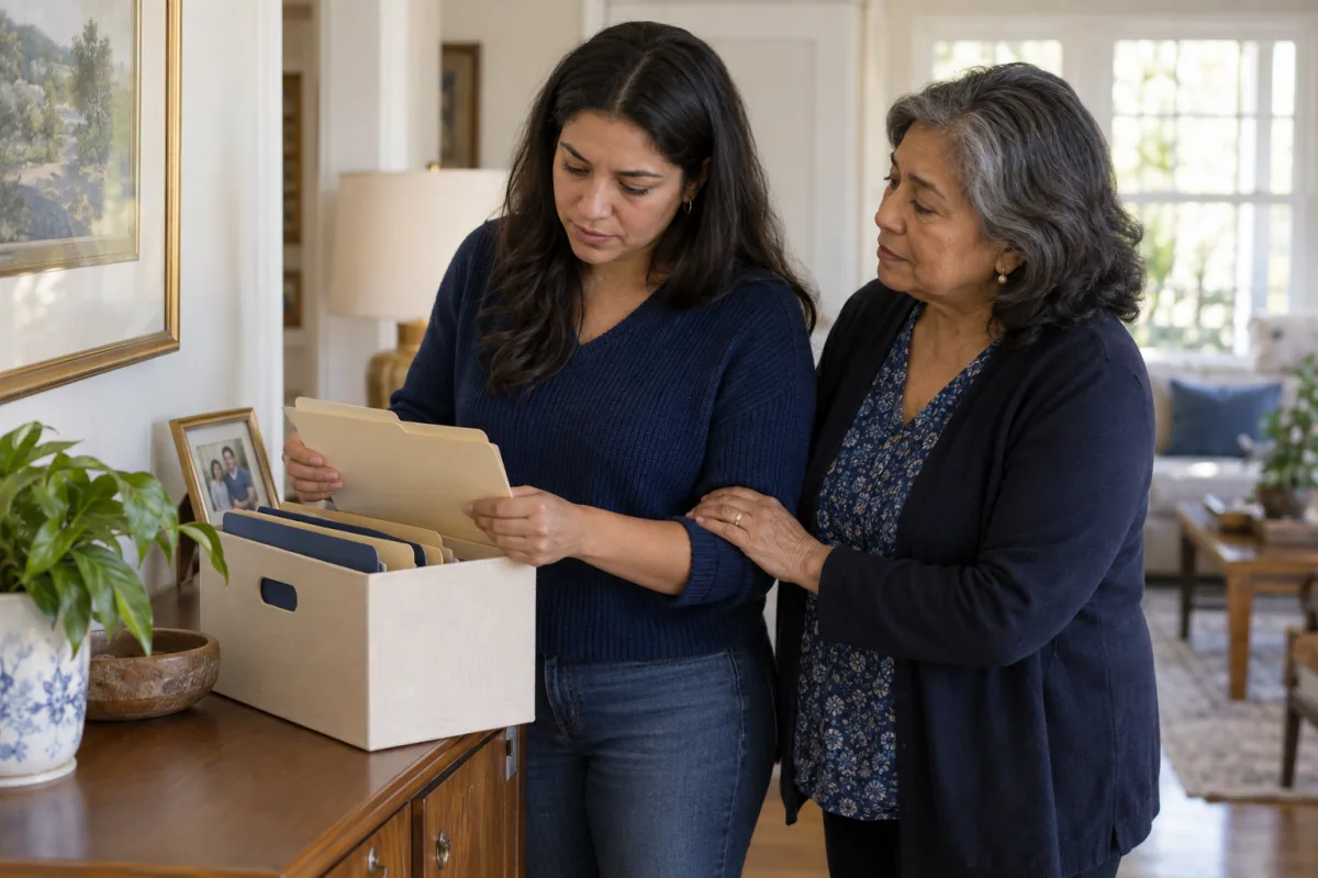An older woman and her adult child organizing estate responsibilities with simple folders at home.