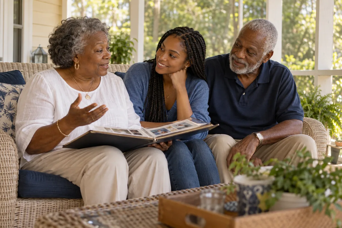 Grandparents sharing family stories and legacy plans with their adult granddaughter on a porch.