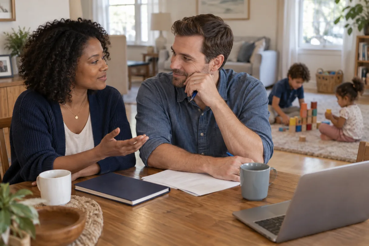 Parents discussing guardianship plans at home while their two children play nearby.