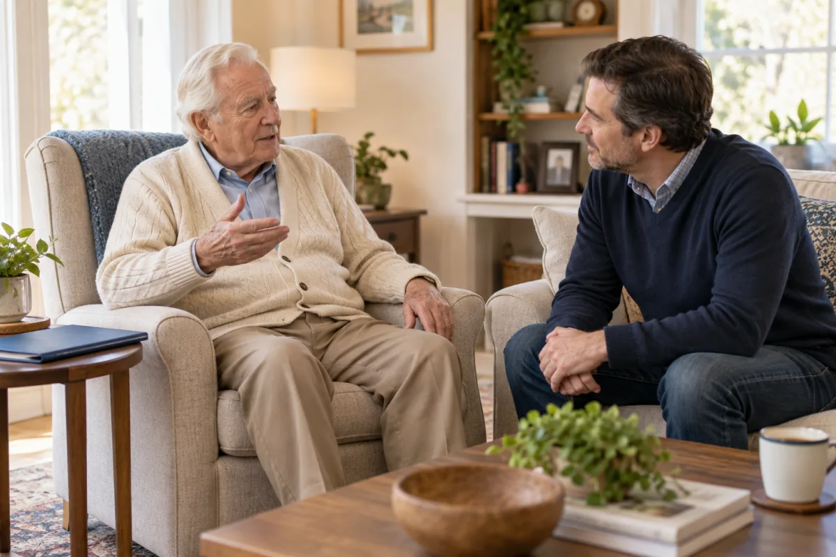 An older man talking with his adult son about healthcare wishes in a home living room.